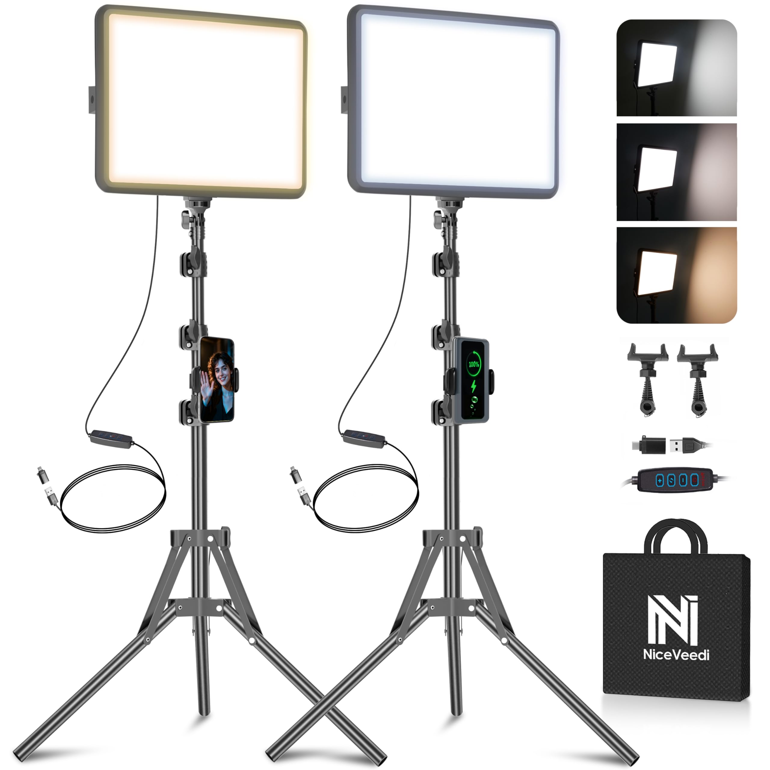 Version 1.0.0 NiceVeedi 2-Pack LED Video Light Kit with Stands, 2800-6500K Bi-Color - Image 1